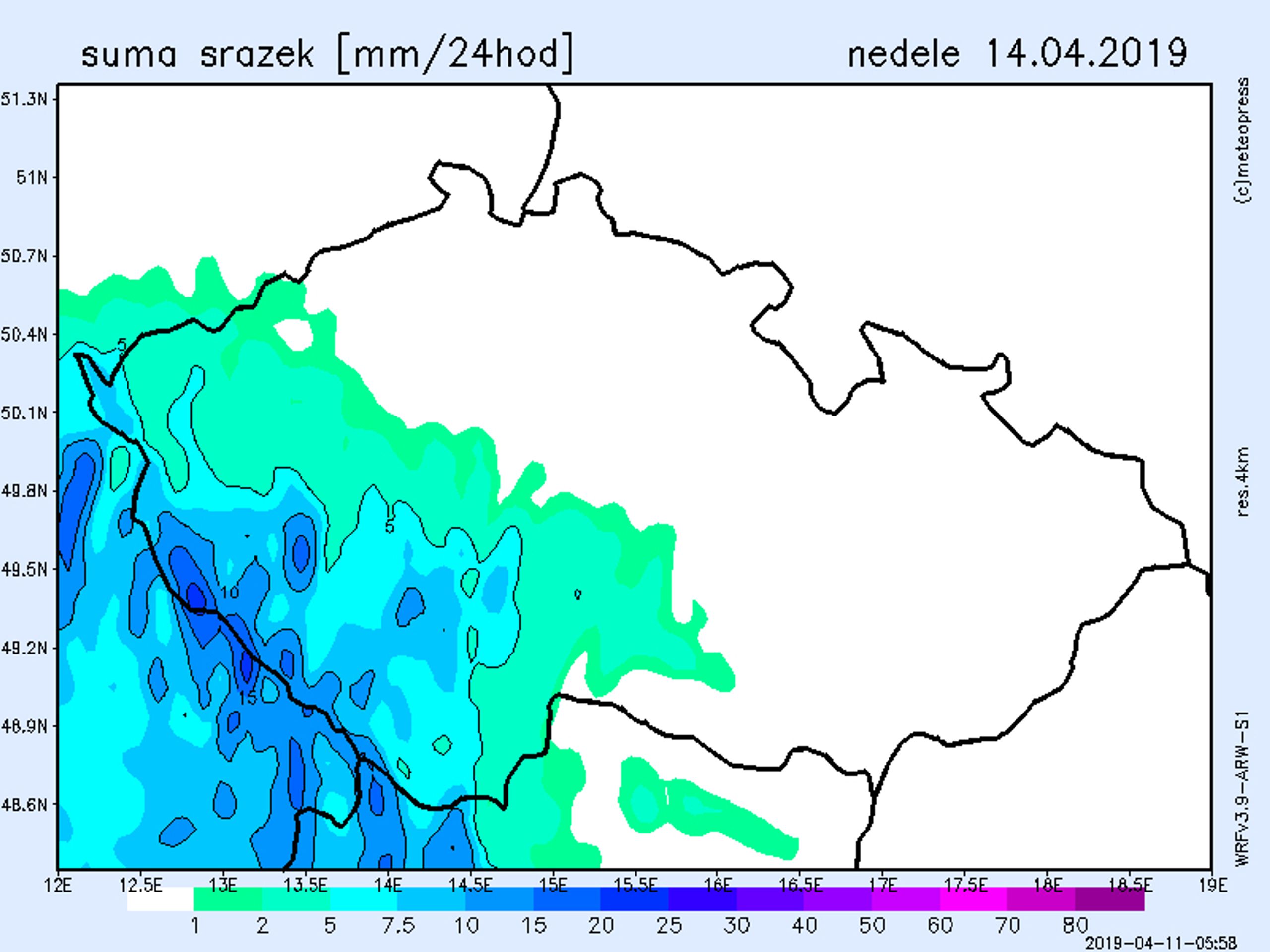 Mapa srážek 14. 4. 2019 - GALERIE: V Česku začne opět sněžit (6/6)