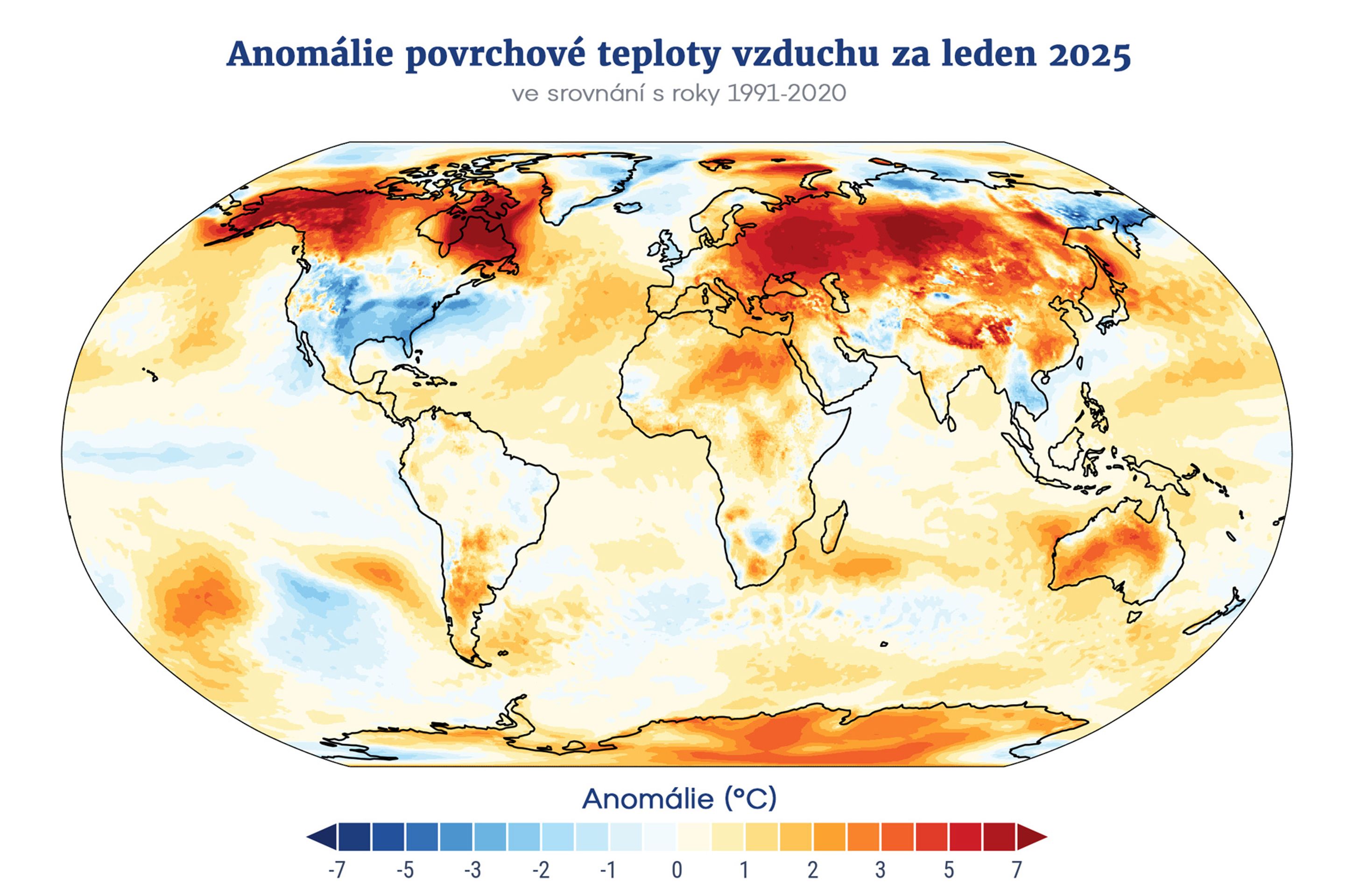 Anomálie povrchové teploty vzduchu za leden 2025 ve srovnání s lednovým průměrem za období 1991-2020 - Teplotně nadprůměrný leden 2025 (2/3)