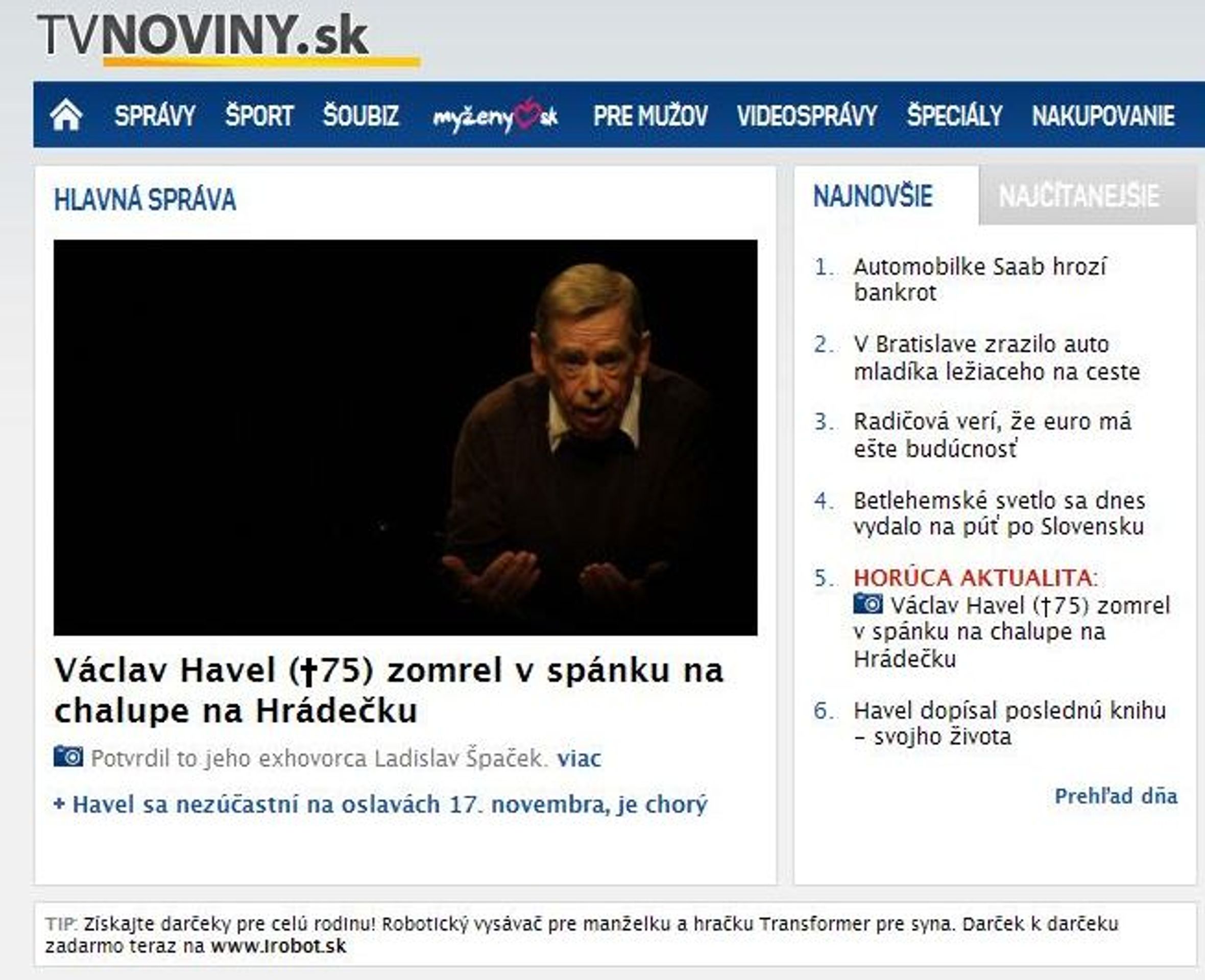Web tvnoviny.sk informuje o smrti Václava Havla - GALERIE: Zpravodajské weby informují o úmrtí Václava Havla (1/12)