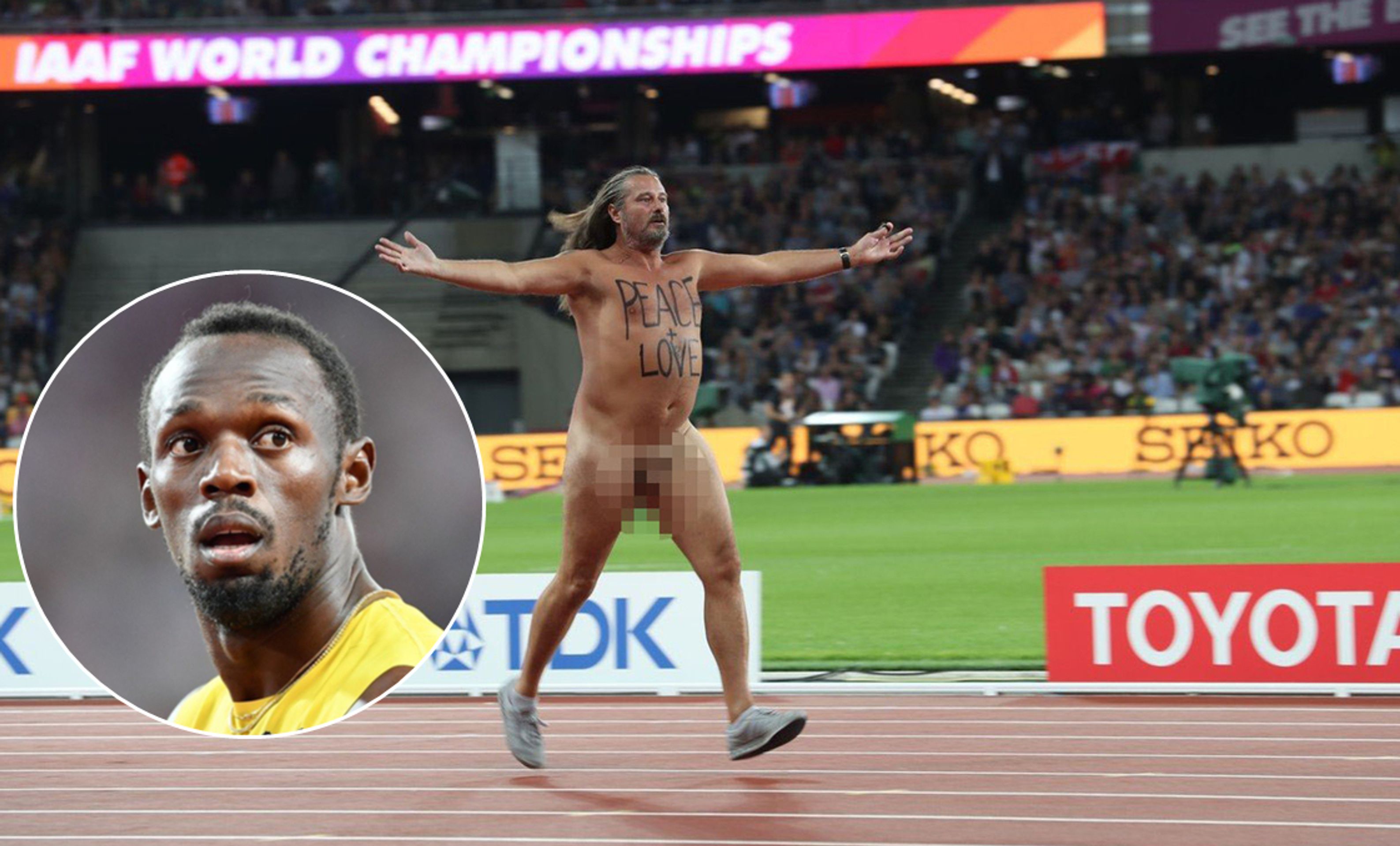 Usain Bolt a nahý fanoušek - GALERIE: Bolt se loučil s kariérou, s ním se zase loučil odvážný naháč! (1/6)