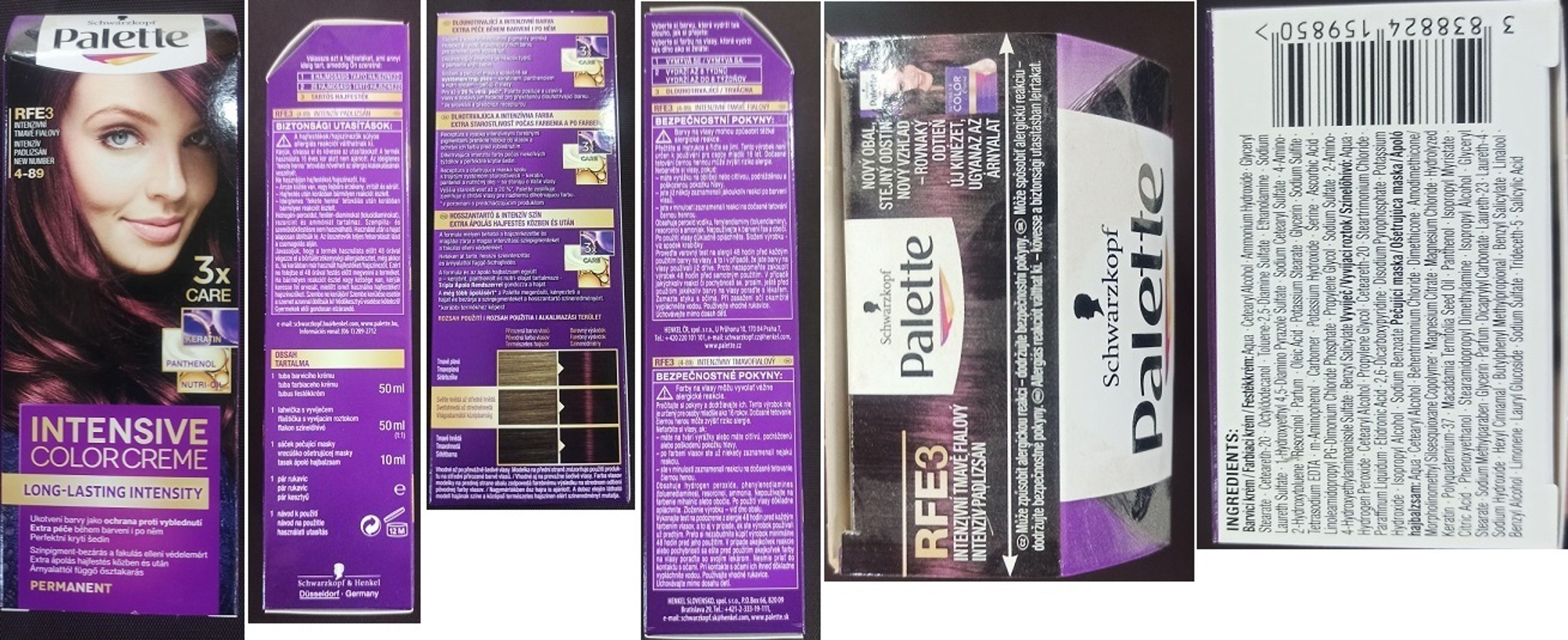 Schwarzkopf, Palette, INTENSIVE COLOR CREME, LONG-LASTING INTENSITY, RFE3 INTENZIVNÍ TMAVĚ FIALOVÝ 4-89, 3x CARE - Nebezpečné kosmetické přípravky (2/5)