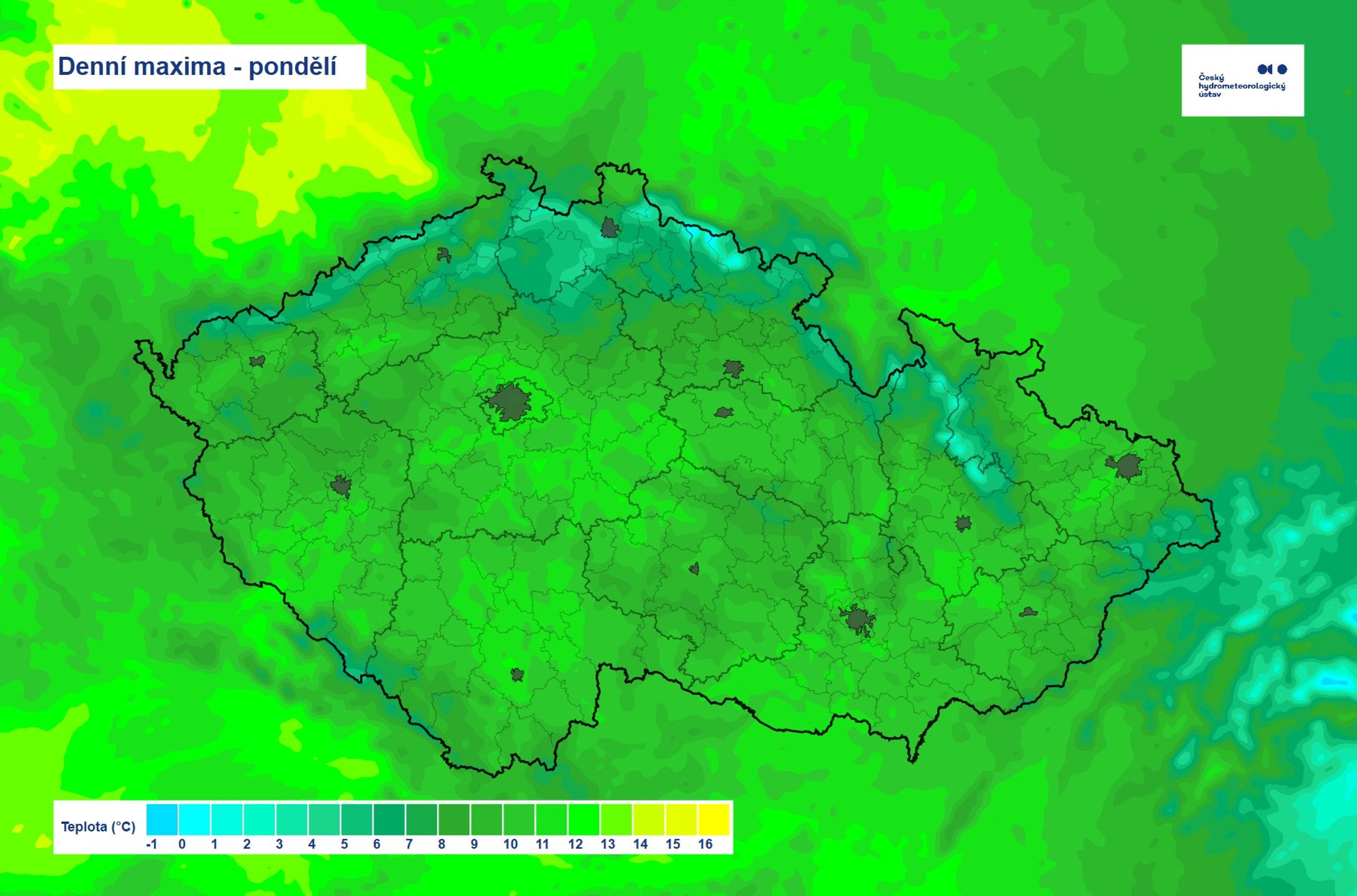Denní maxima - pondělí - Předpověď počasí (2/3)