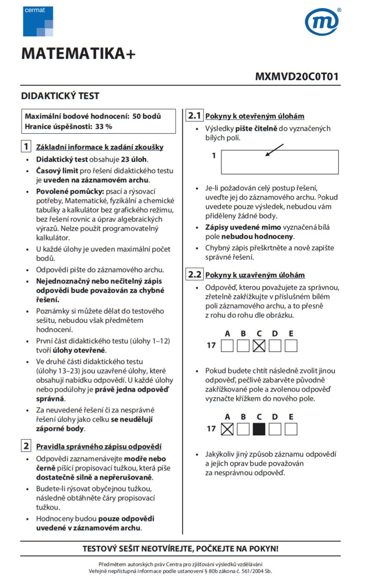 Didaktický test z vyšší úrovně matematiky - 1 - GALERIE: Zadání didaktického testu Matematika+ (1/16)