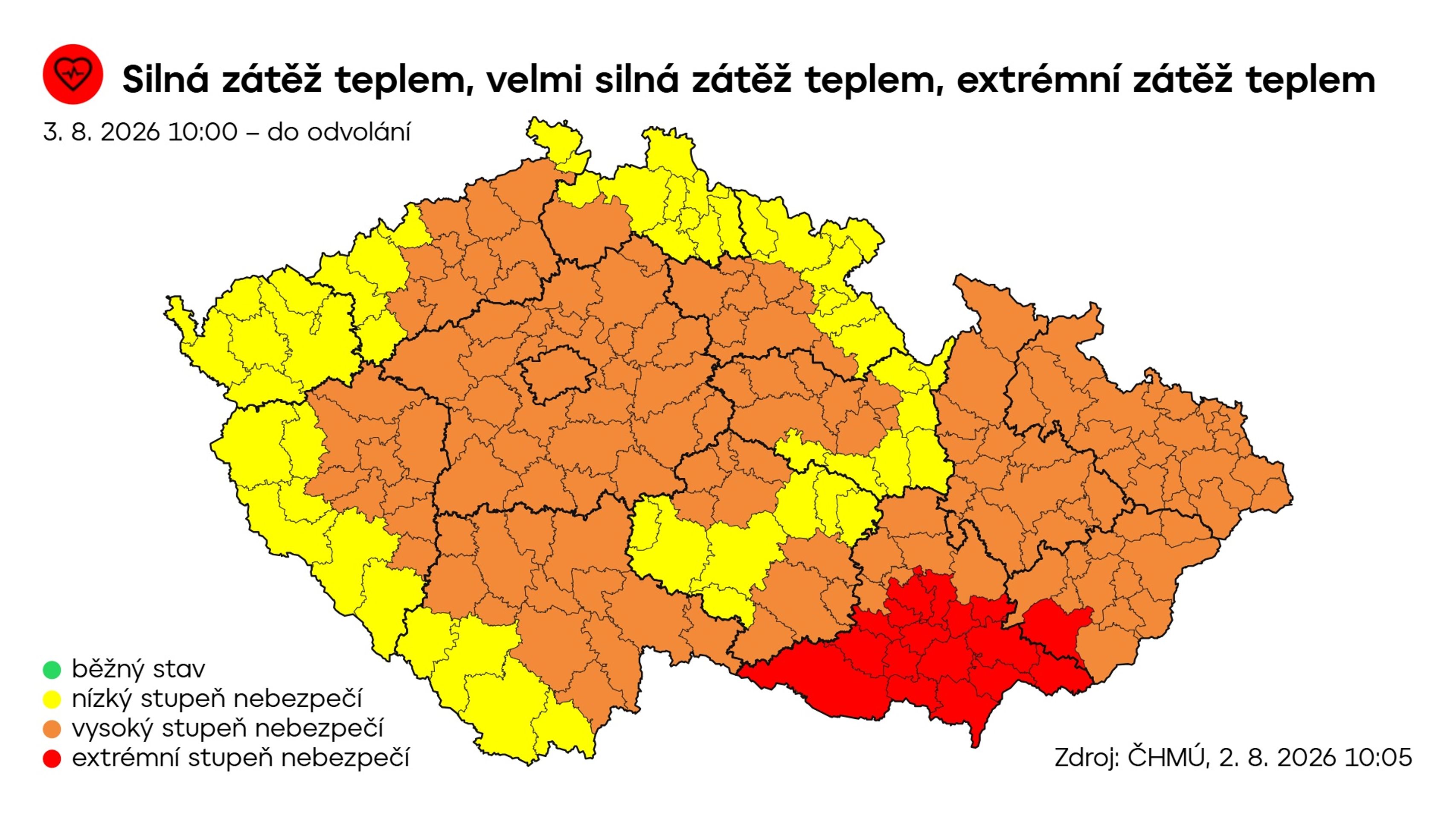Výstraha ČHMÚ – Silná zátěž teplem, velmi silná zátěž teplem, extrémní zátěž teplem - Mapy ČHMÚ (3/4)