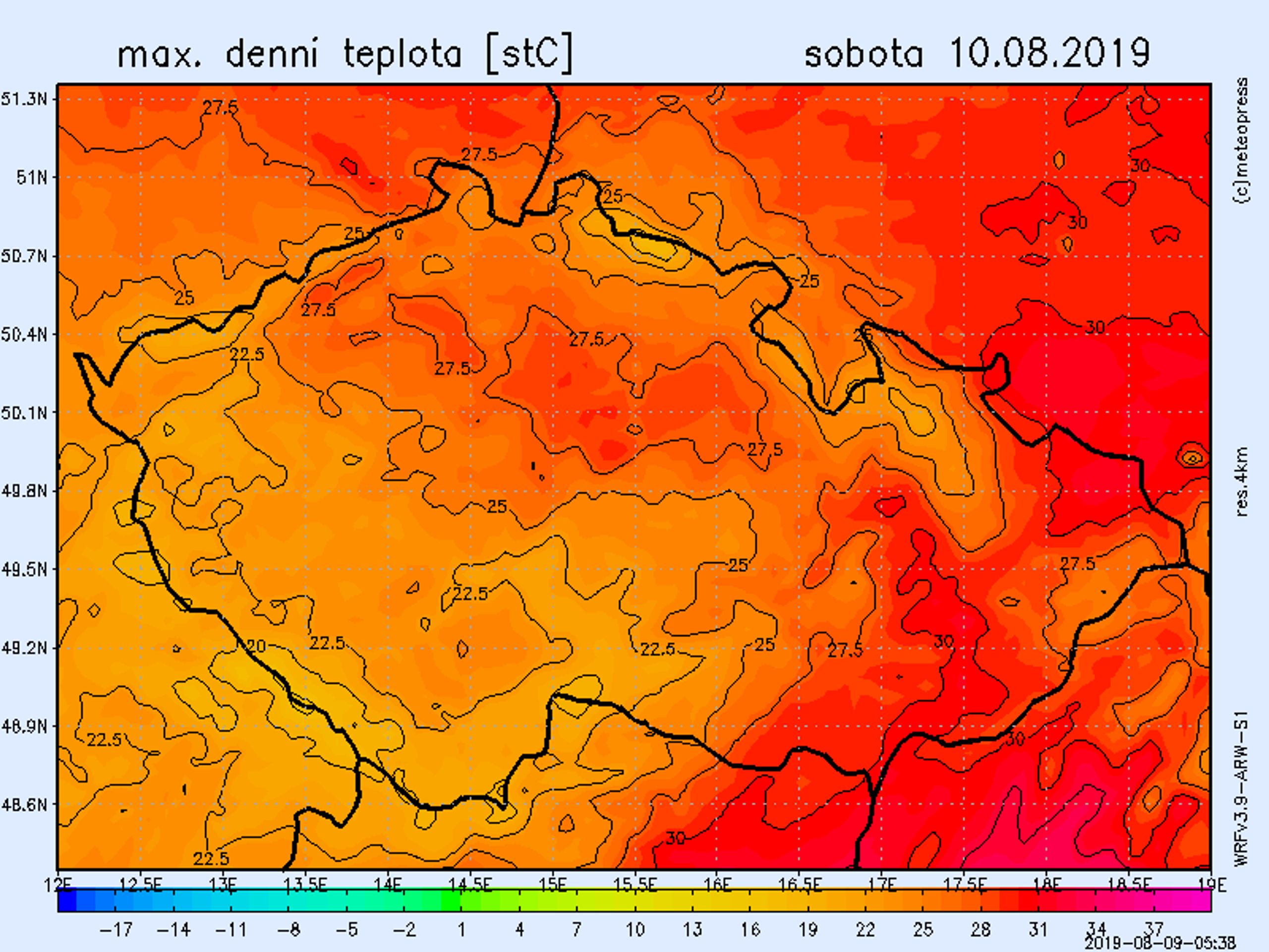 Teplotní mapa - sobota 10. 8. 2019 - GALERIE: Teplotní mapy (2/4)