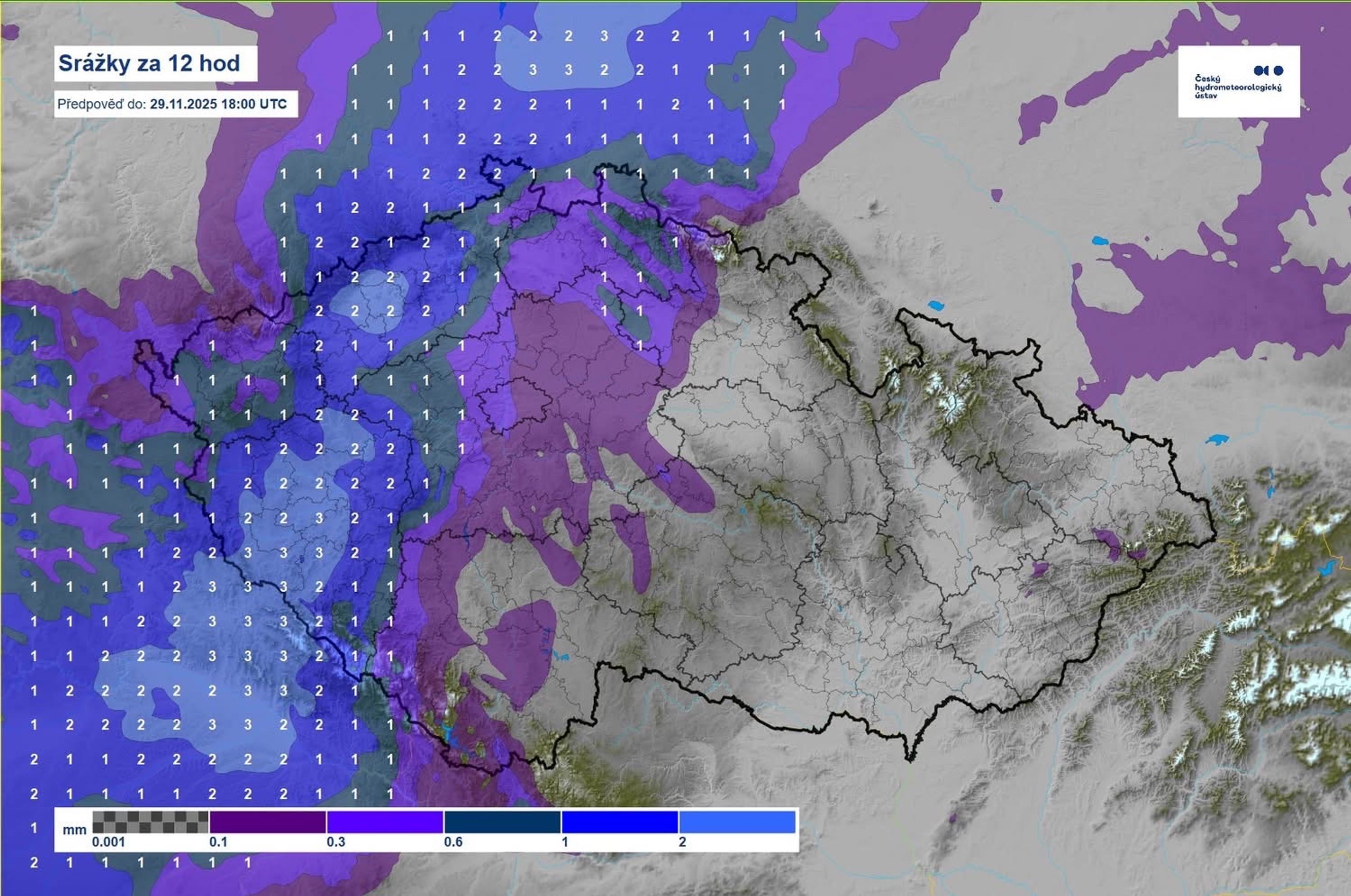 Mapa předpovědi srážek - Mapy ČHMÚ pro sobotu (3/4)
