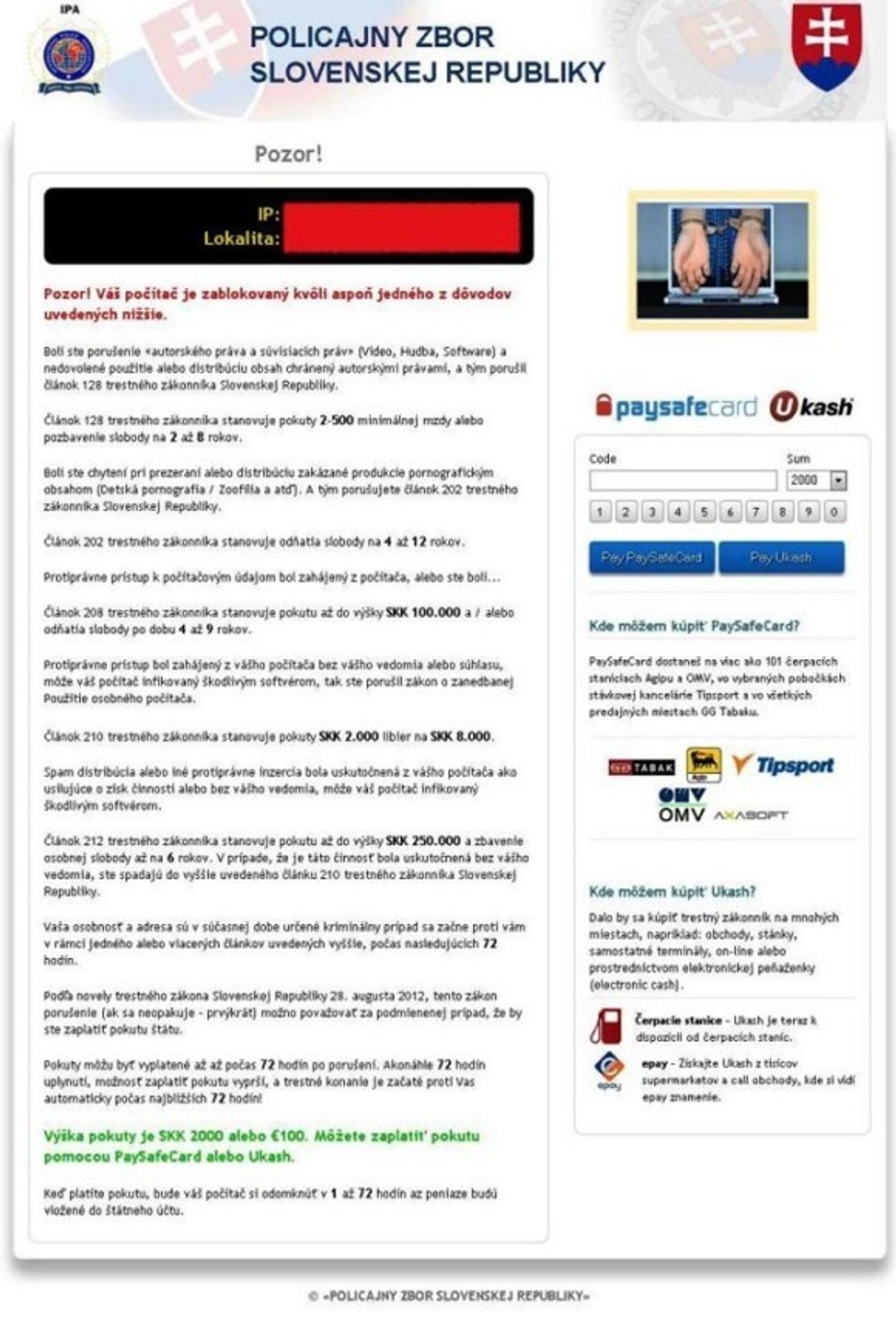 Vir: Zablokování počítače policií - 1 - GALERIE: Zablokování PC policií v zahraničí (2/3)