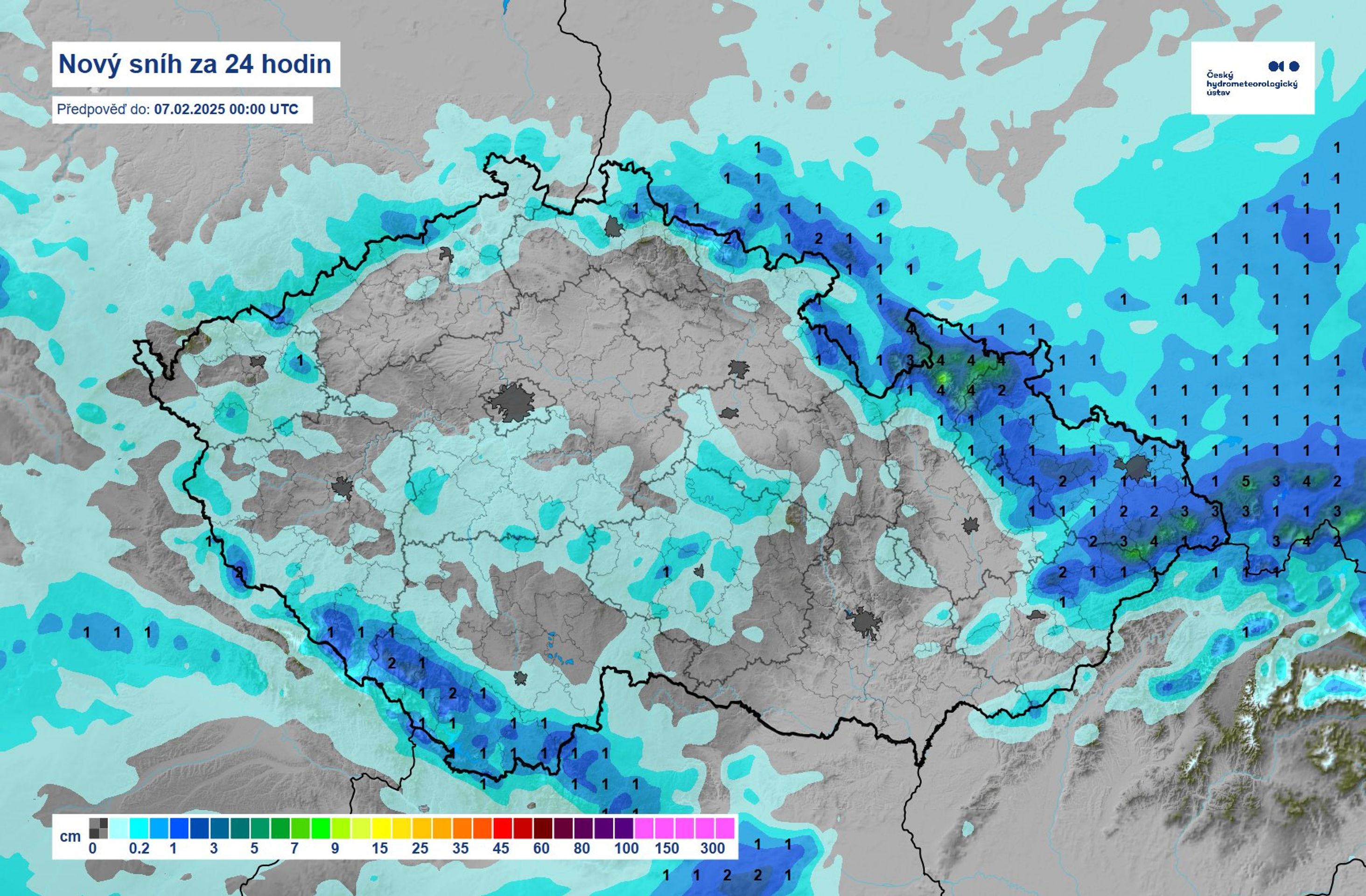 Nový sníh za 24 hodin, do 7. 2. 2025 0:00 - Předpověď počasí (2/3)