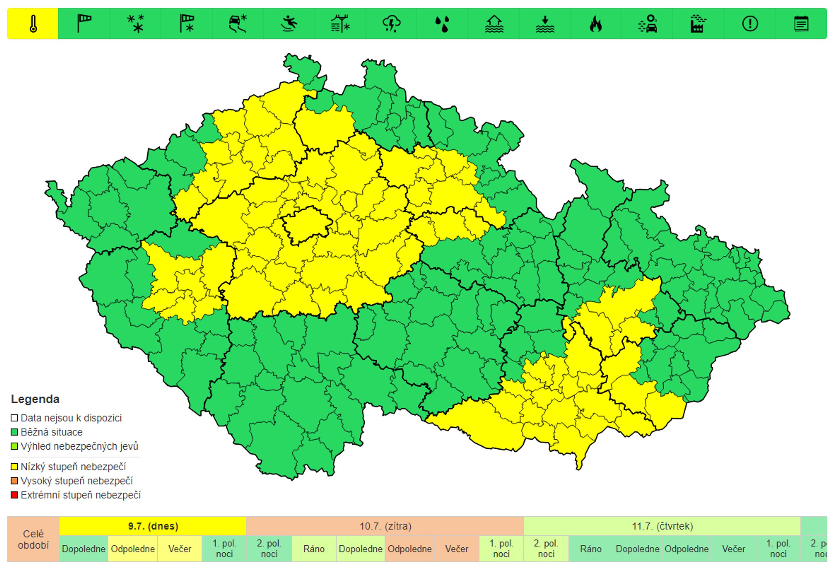Výstraha před vysokými teplotami, úterý - Výstrahy na následující dny (1/6)