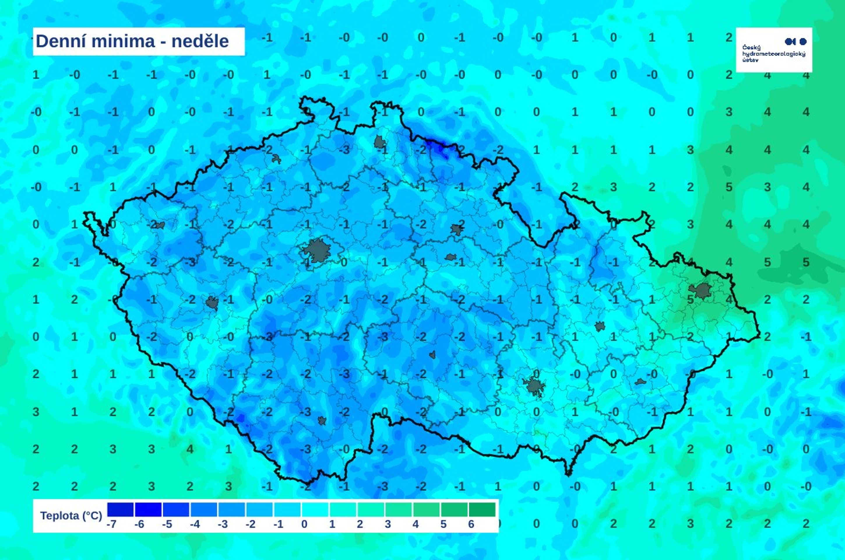 Denní minima 19. 10. 2025 - Minimální teploty 19. 10. napříč Českem (3/3)