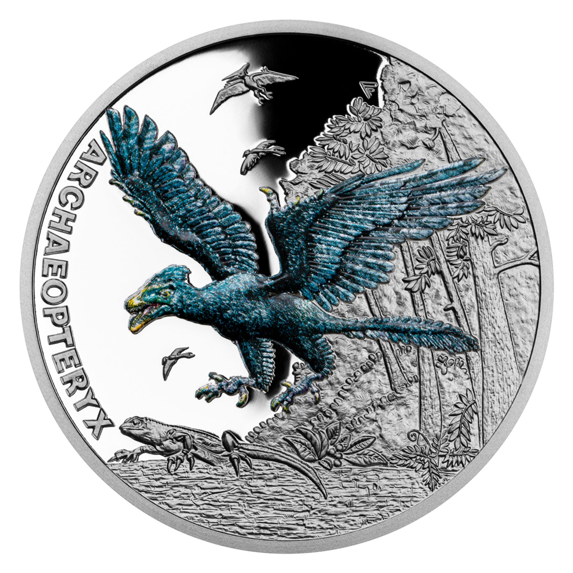 Druhohorním ještěrem, který se objevuje na stříbrné minci České mincovny z cyklu Pravěký svět, je archaeopteryx. - Mince České mincovny (15/22)