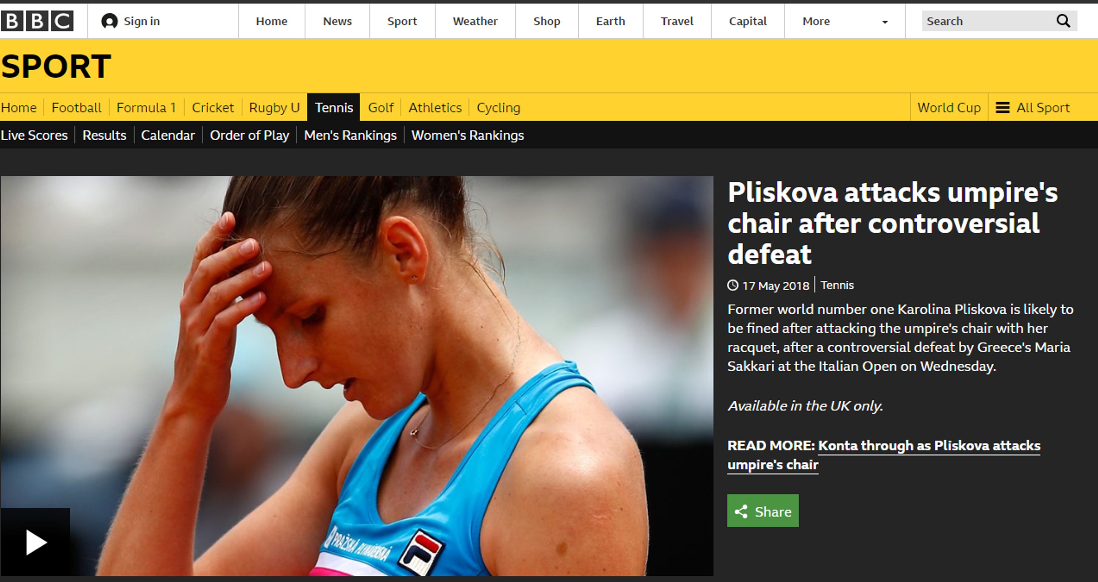 "Kontroverzní porážka," píše za web televizní stanice BBC - GALERIE: Zahraniční média píší o Karolíně Plíškové (6/6)