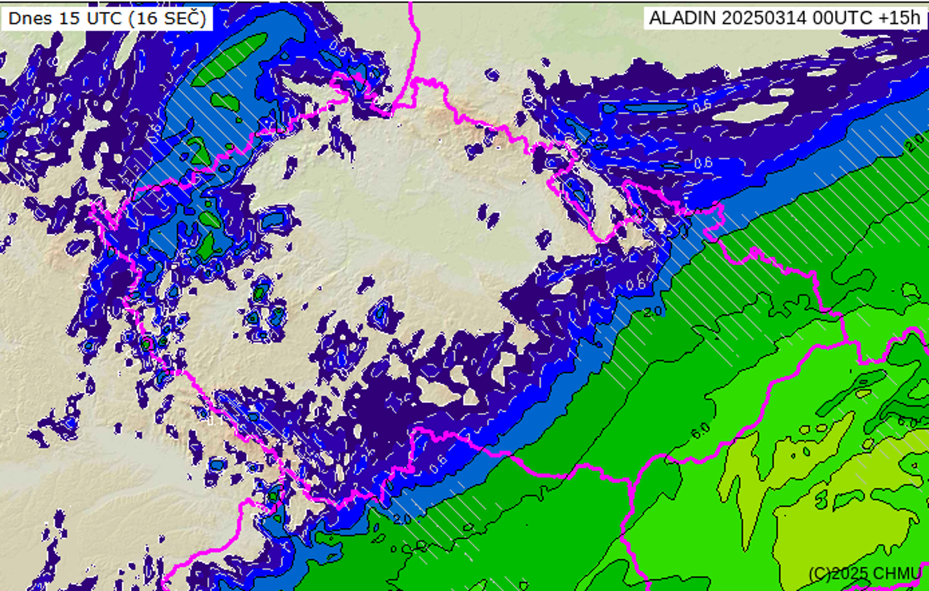 Srážky v pátek 14. března 2025 (šrafování značí sněžení) - Počasí na pátek 14. března (4/7)