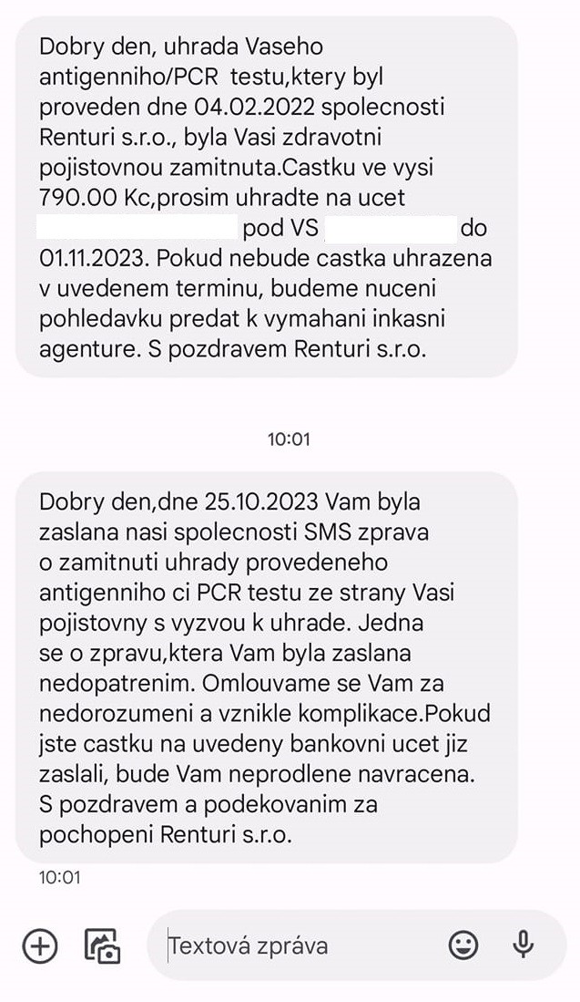 SMS o úhradě testu na covid