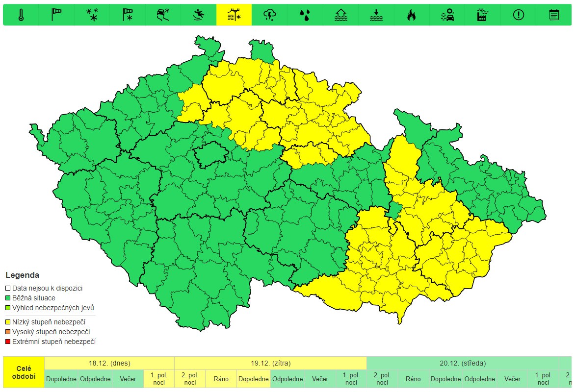 Výstraha před námrazou pro 18. 12. a 19. 12.