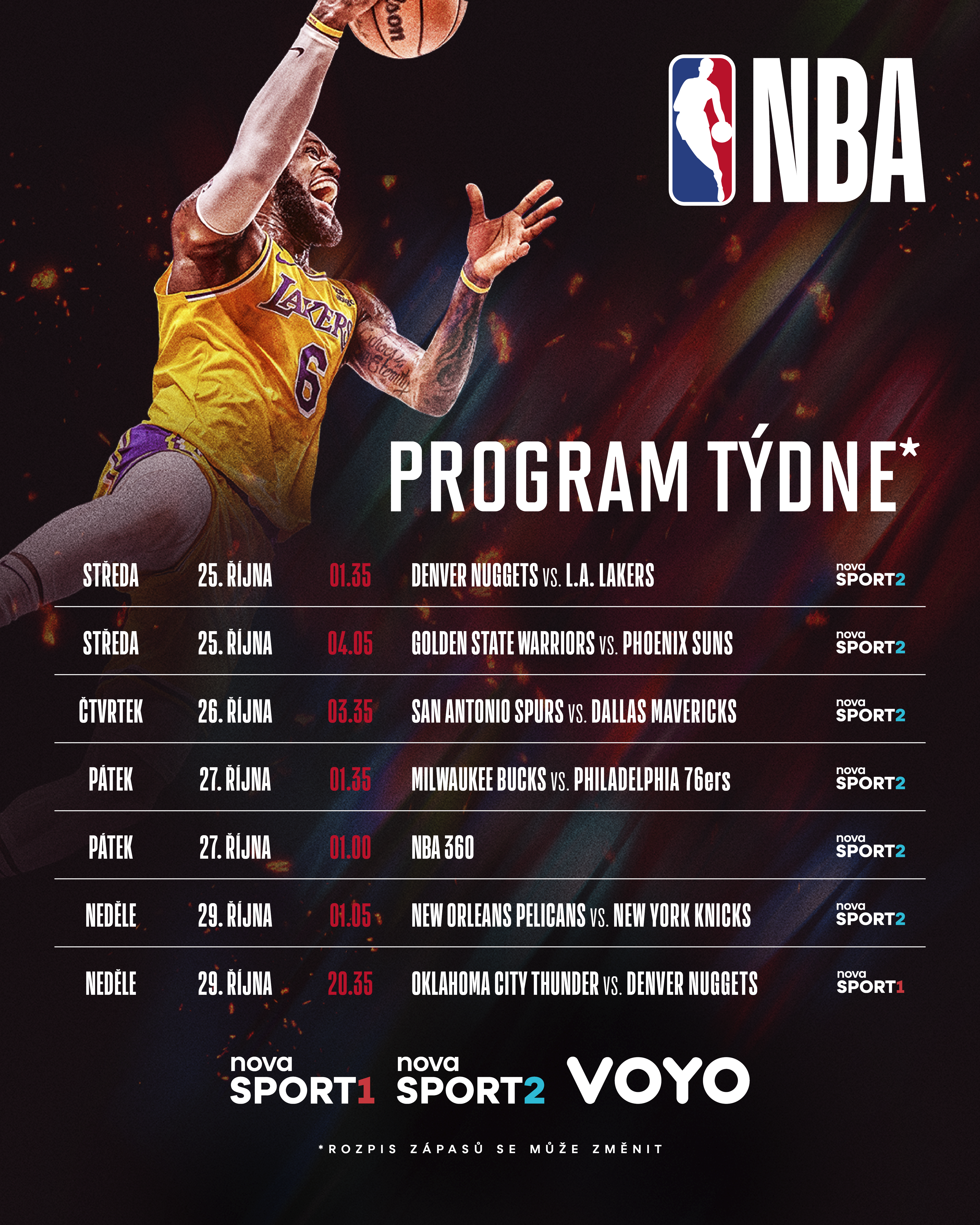 Program 1. týdne NBA na Nova Sport