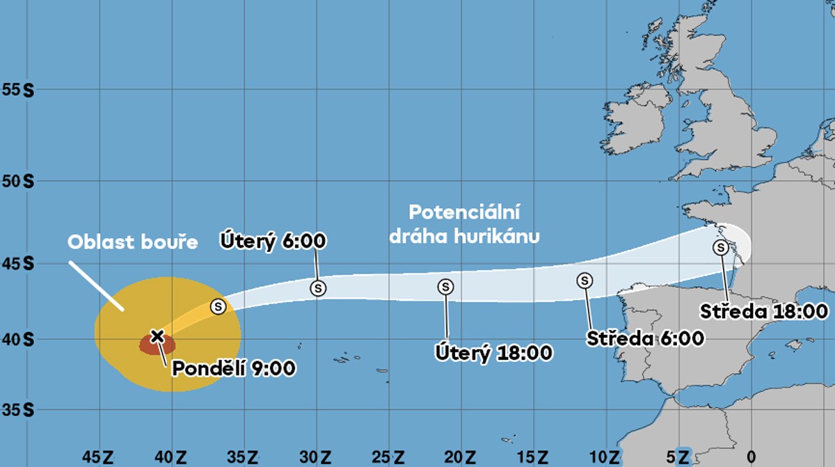 Předpokládaná trasa pohybu ex-hurikánu Kirk