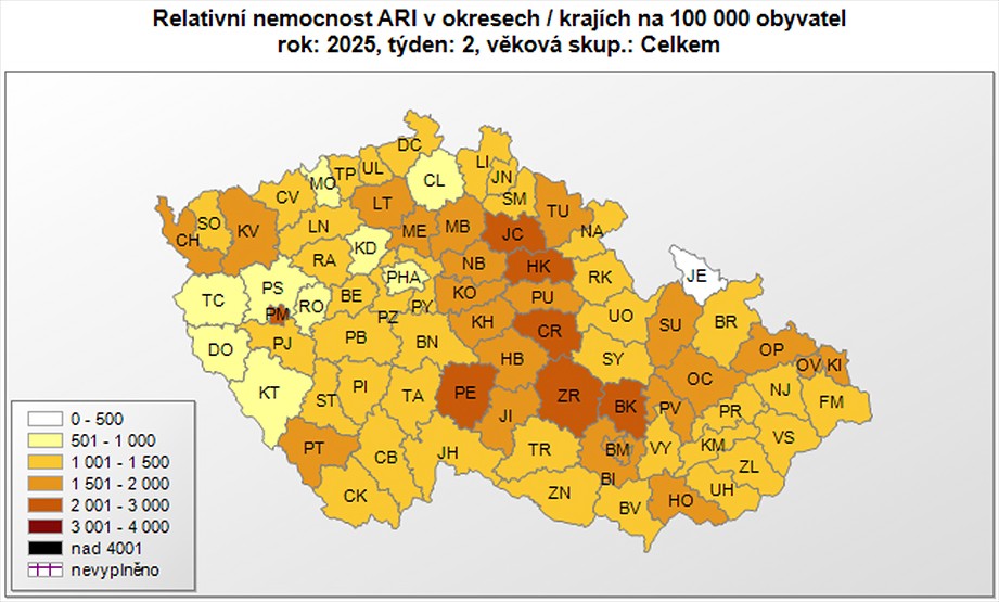Relativní nemocnost v jednotlivých okresech