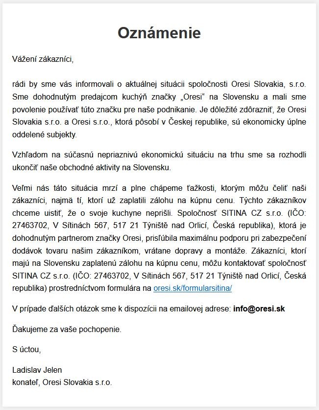 Oznámení Oresi Slovakia