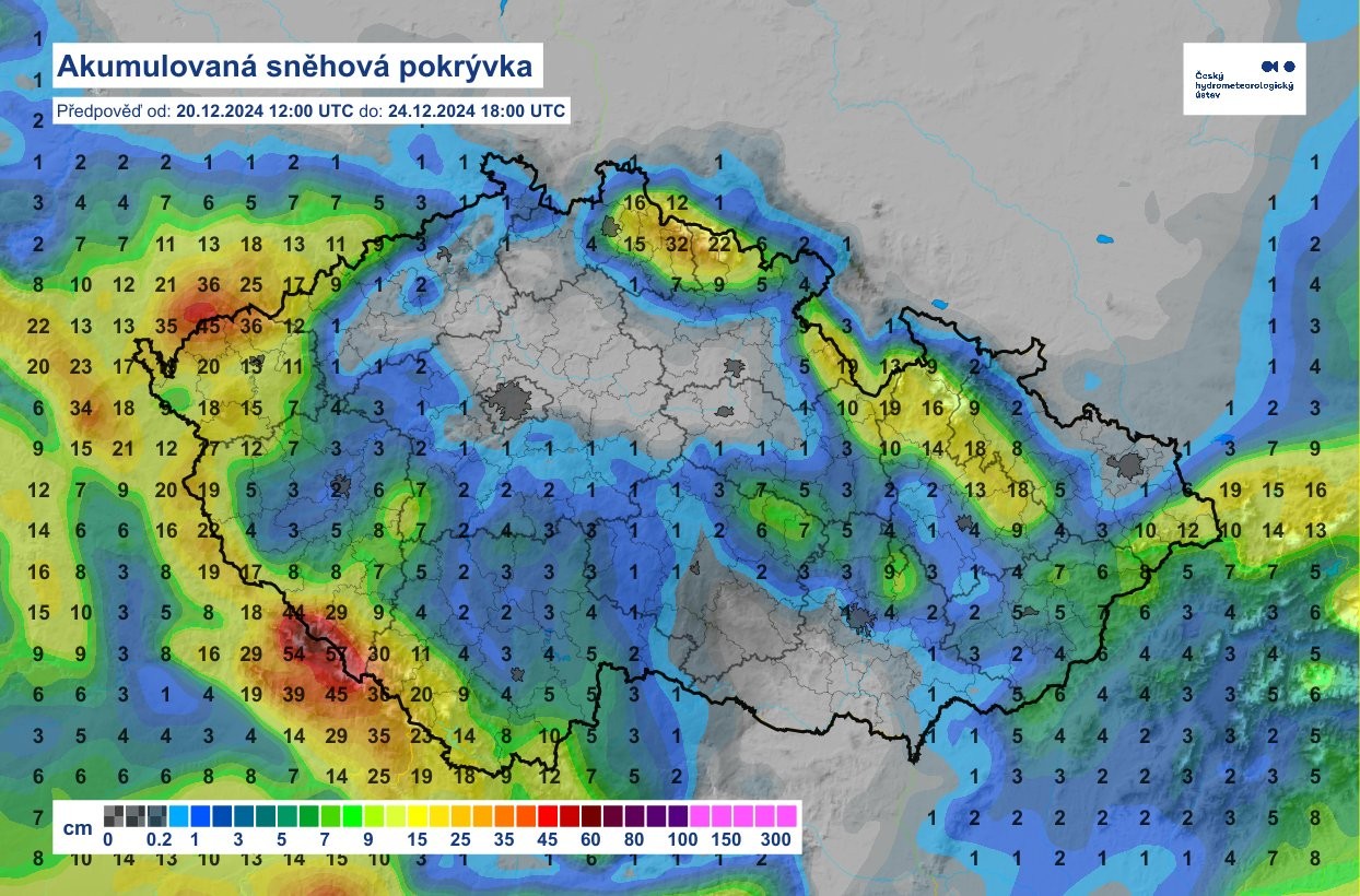 Předpokládané úhrny sněhu až do Štědrého večera