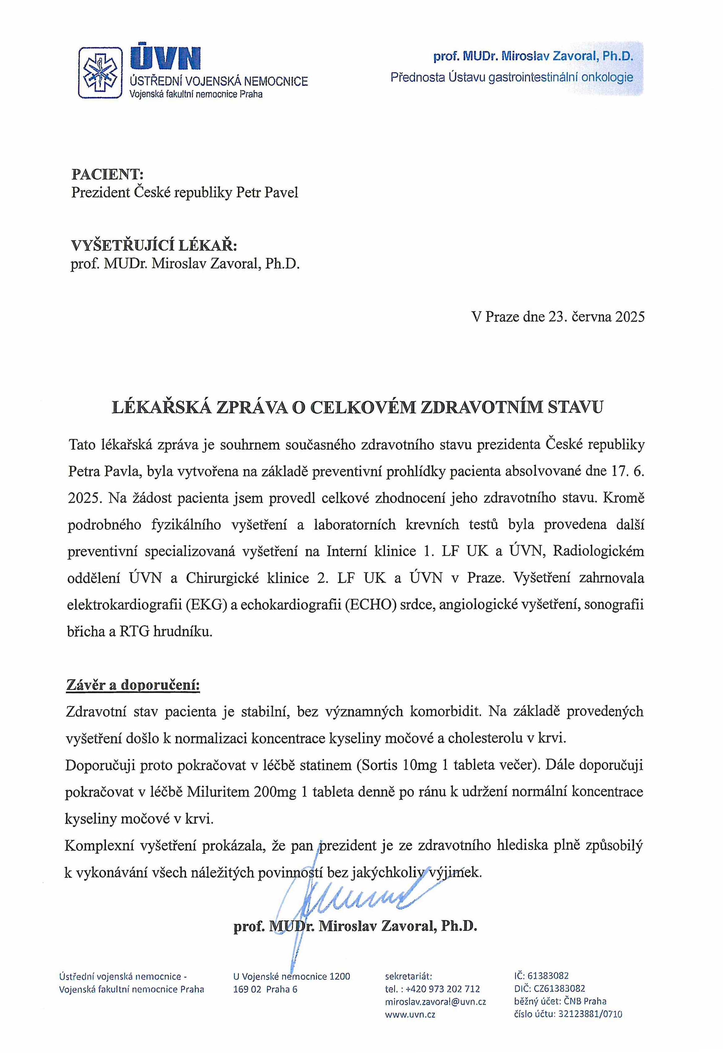 Lékařská zpráva Petra Pavla