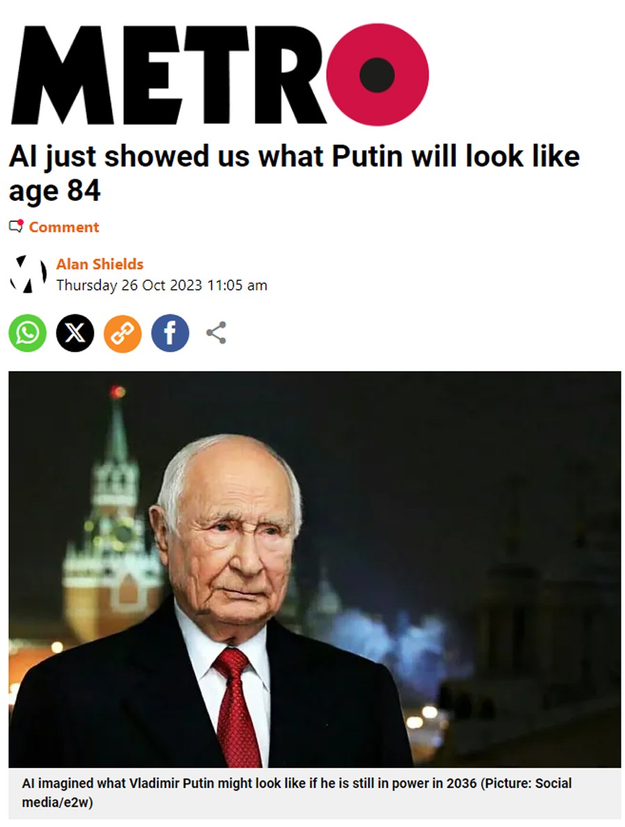 Zobrazení Vladimira Putina ve věku 84 let umělou inteligencí