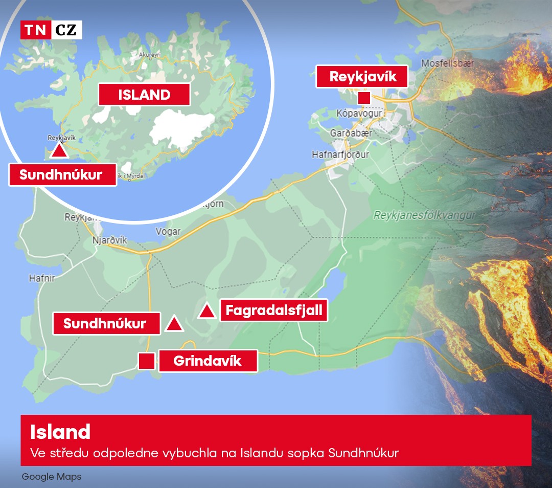 Z islandského sopečného kráteru Sundhnúkur se valí láva