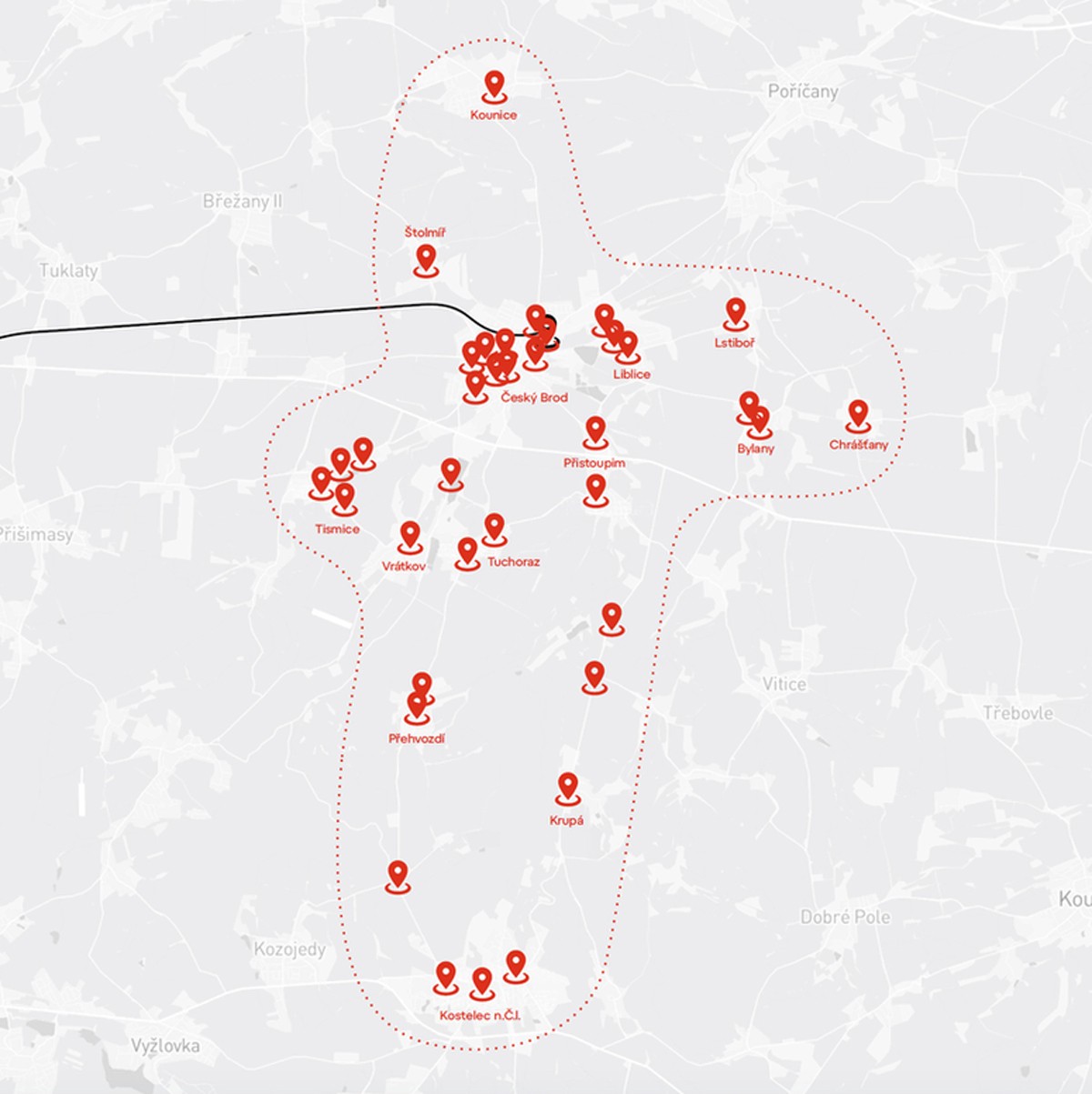 Mapa oblasti, kde budou mikrobusy na objednávku jezdit