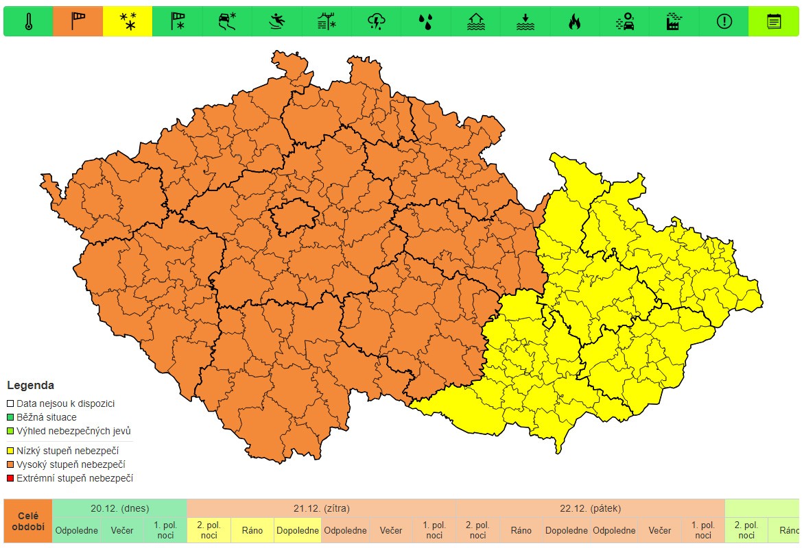 Výstraha před silným větrem pro 21. 12. a 22. 12.