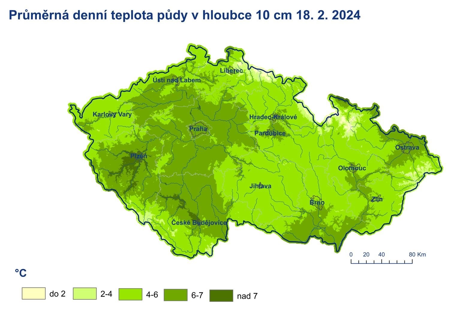 Průměrná denní teplota půdy v hloubce 10 cm, 18. 2. 2024