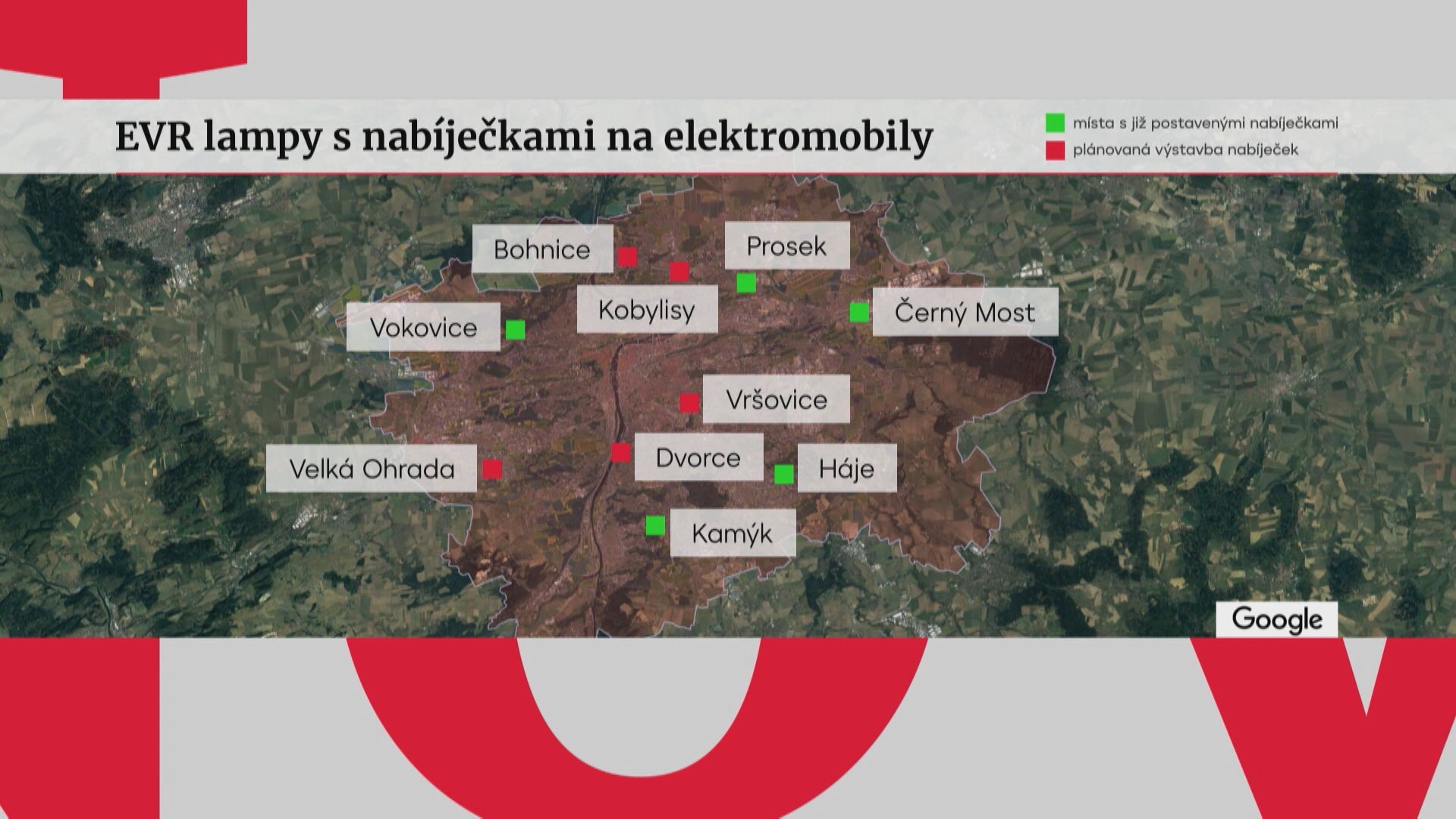 Mapa zobrazující pozici nabíječek na elektromobily
