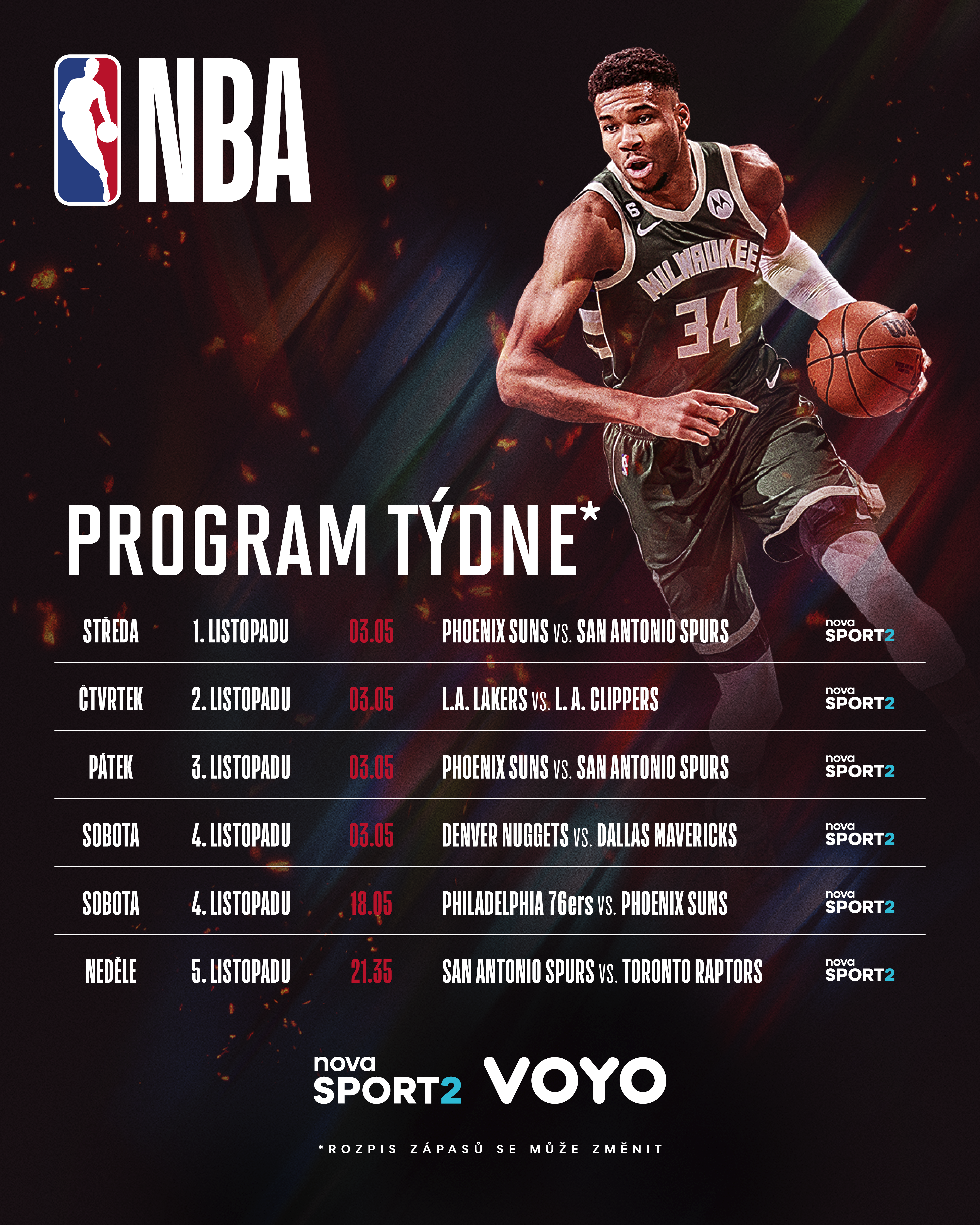 Program 2. týdne NBA na Nova Sport