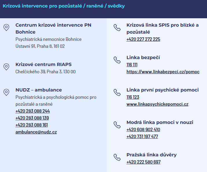 Krizová intervence pro pozůstalé, raněné nebo svědky střelby na filozofické fakultě