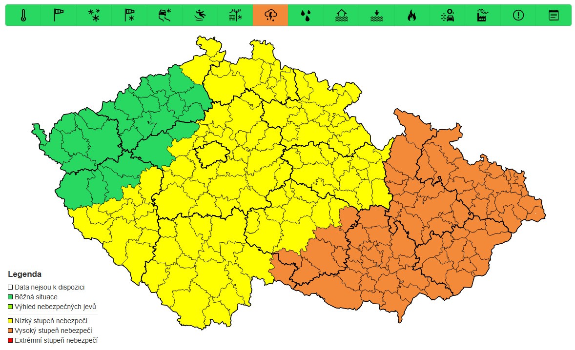 Výstraha před bouřkami, pondělí 2. 6. 2025