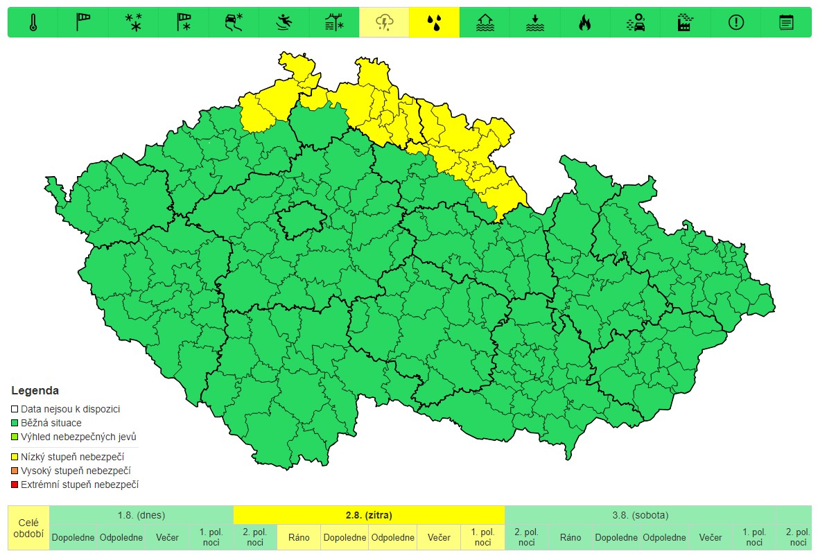 Výstraha před silným deštěm, 2. 8. 2024